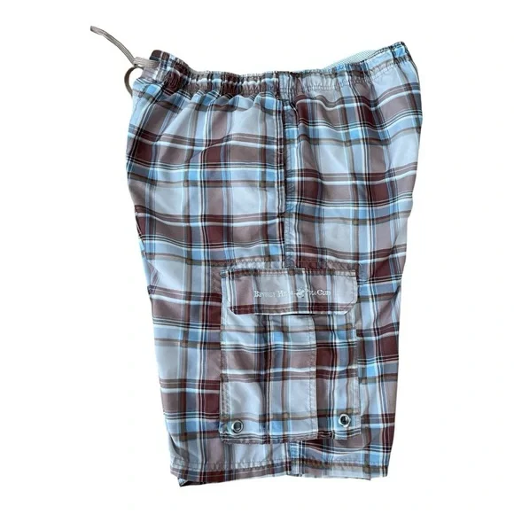 Beverly Hills Polo Club plaid Brown Tan blue Cargo Shorts Swim Trunks Size: L - Picture 2 of 6